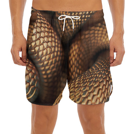 Bronze Snake Print Men's Split Running Shorts