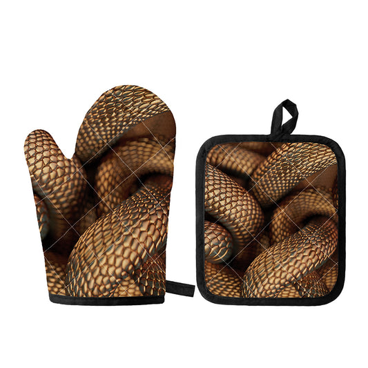 Bronze Snake Print Oven Mitt And Pot Holder Set