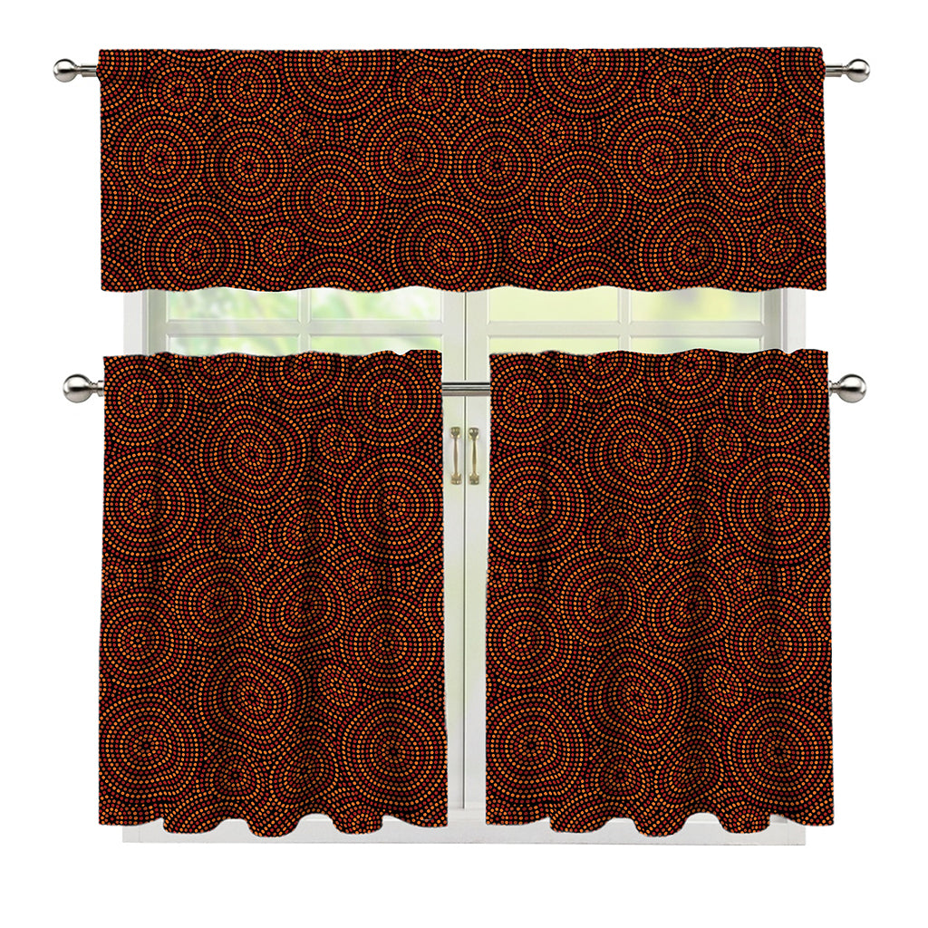 Brown Aboriginal Dot Pattern Print 3 Piece Kitchen Curtains