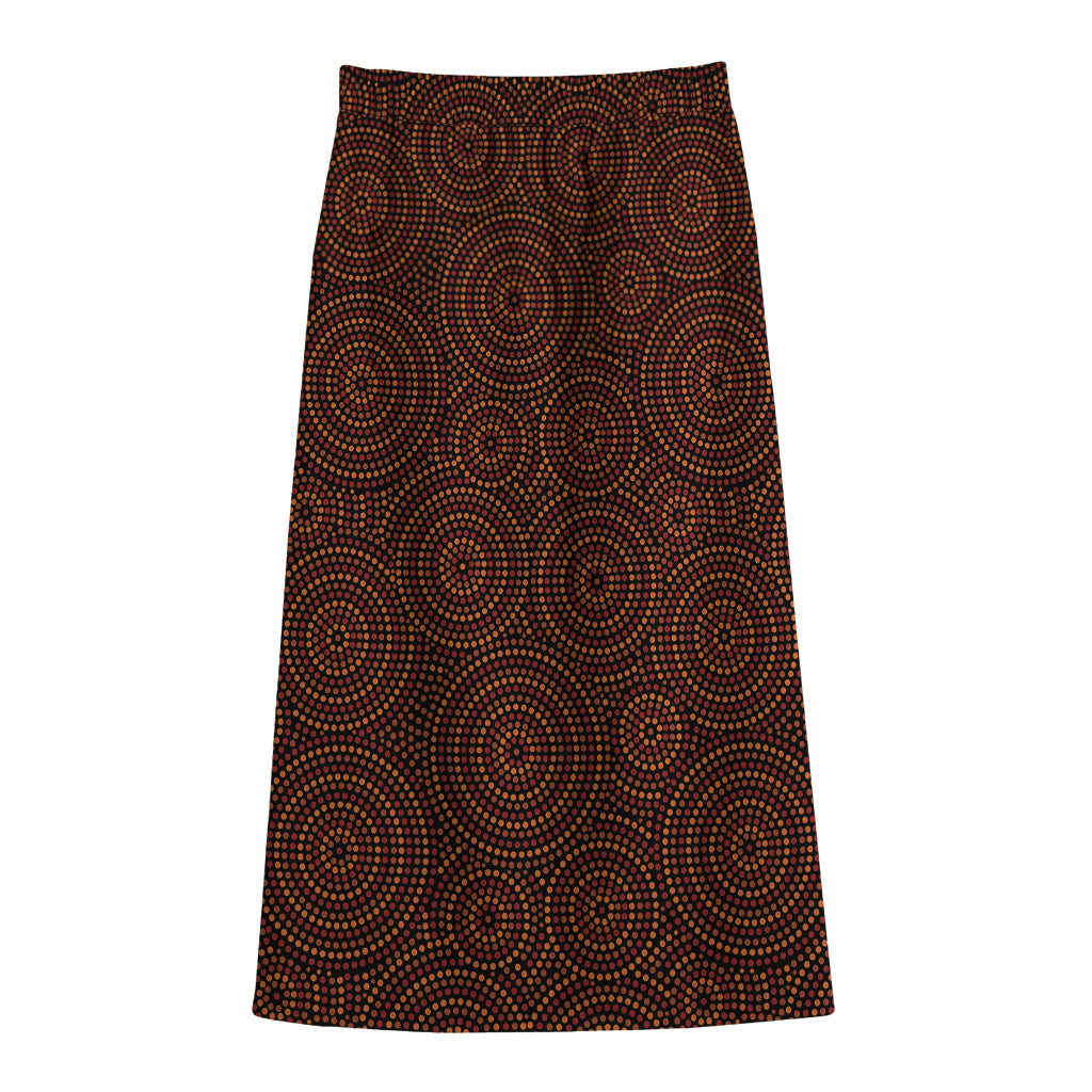 Brown Aboriginal Dot Pattern Print Cotton Front Slit Maxi Skirt