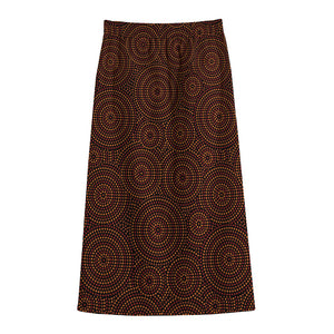 Brown Aboriginal Dot Pattern Print Cotton Front Slit Maxi Skirt