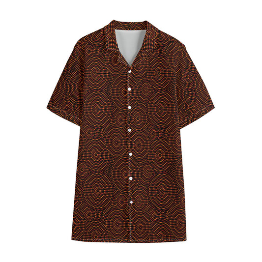 Brown Aboriginal Dot Pattern Print Cotton Hawaiian Shirt