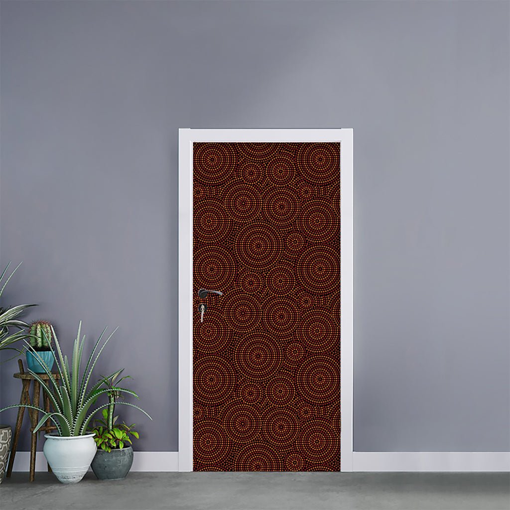 Brown Aboriginal Dot Pattern Print Door Sticker