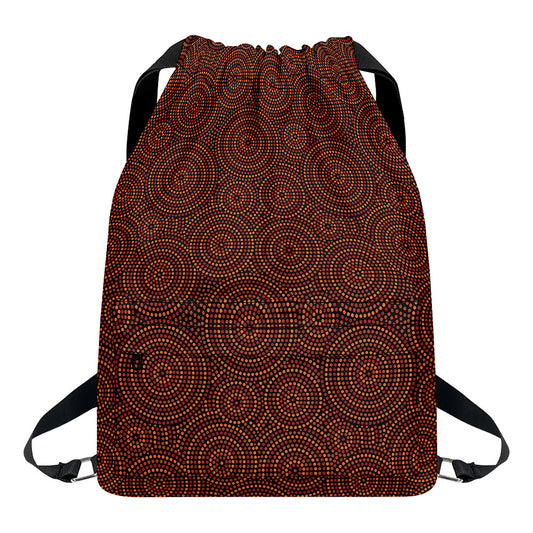 Brown Aboriginal Dot Pattern Print Drawstring Backpack