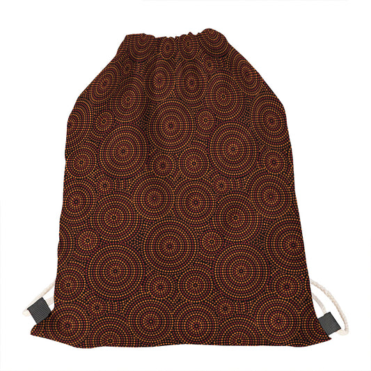 Brown Aboriginal Dot Pattern Print Drawstring Bag