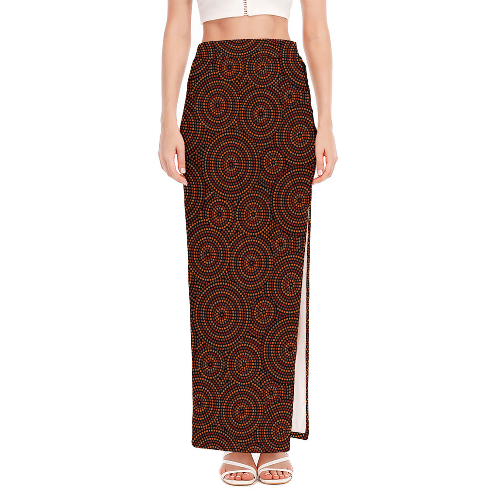 Brown Aboriginal Dot Pattern Print High Slit Maxi Skirt