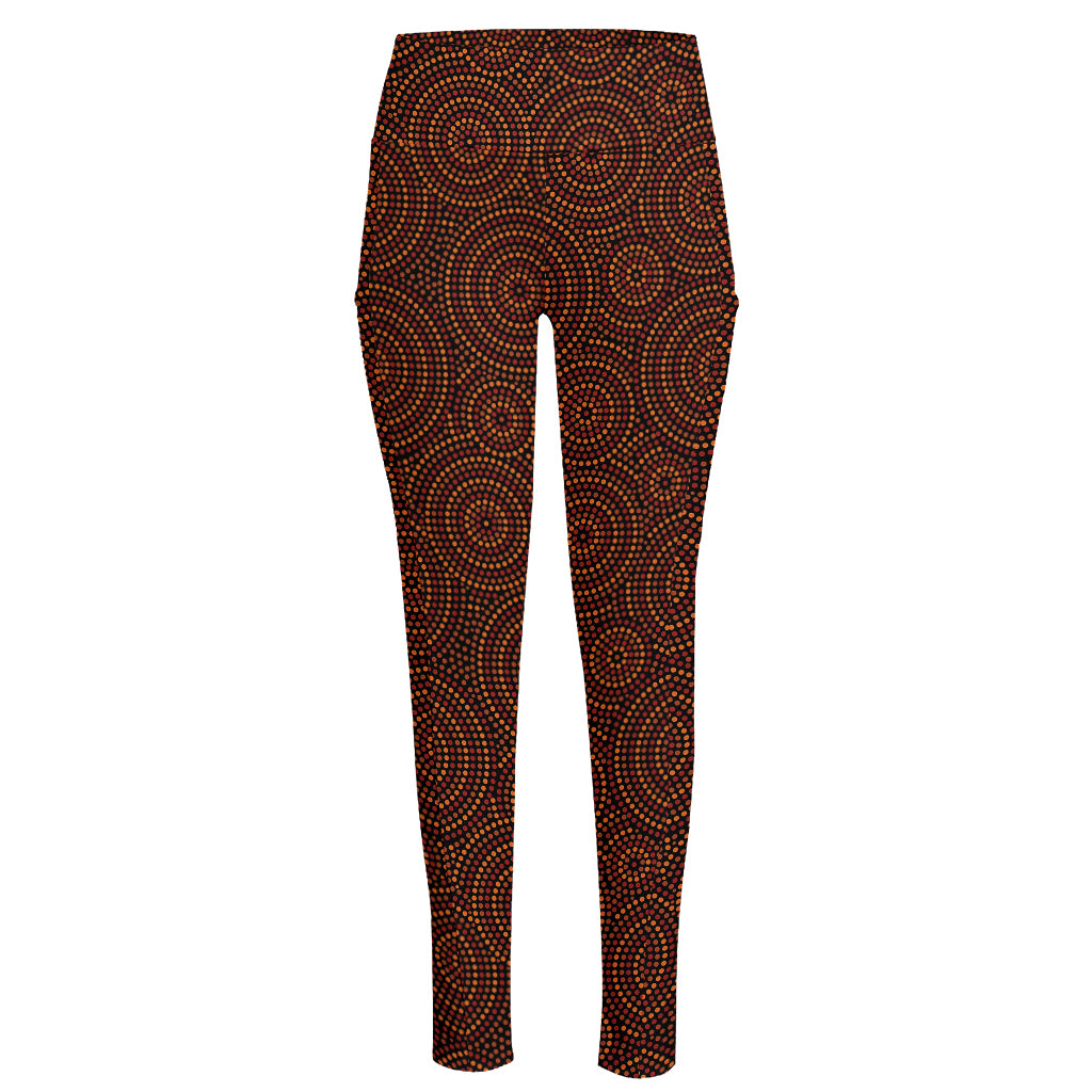 Brown Aboriginal Dot Pattern Print High-Waisted Pocket Leggings