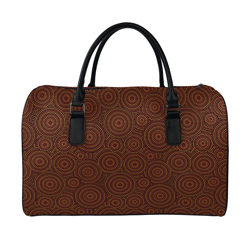 Brown Aboriginal Dot Pattern Print Leather Duffle Bag