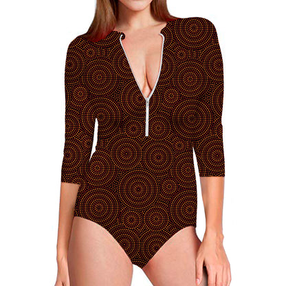 Brown Aboriginal Dot Pattern Print Long Sleeve Swimsuit