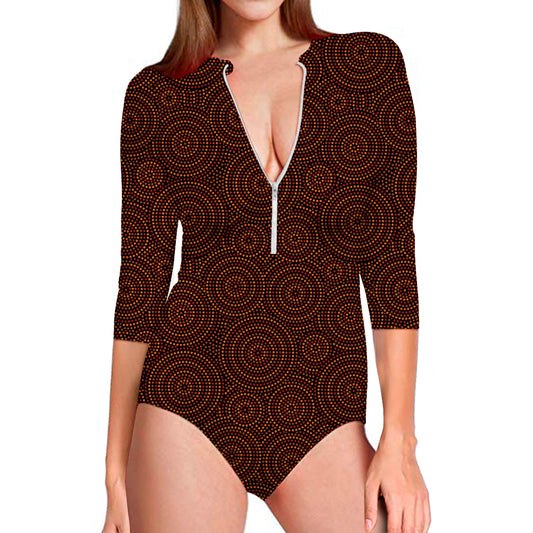 Brown Aboriginal Dot Pattern Print Long Sleeve Swimsuit