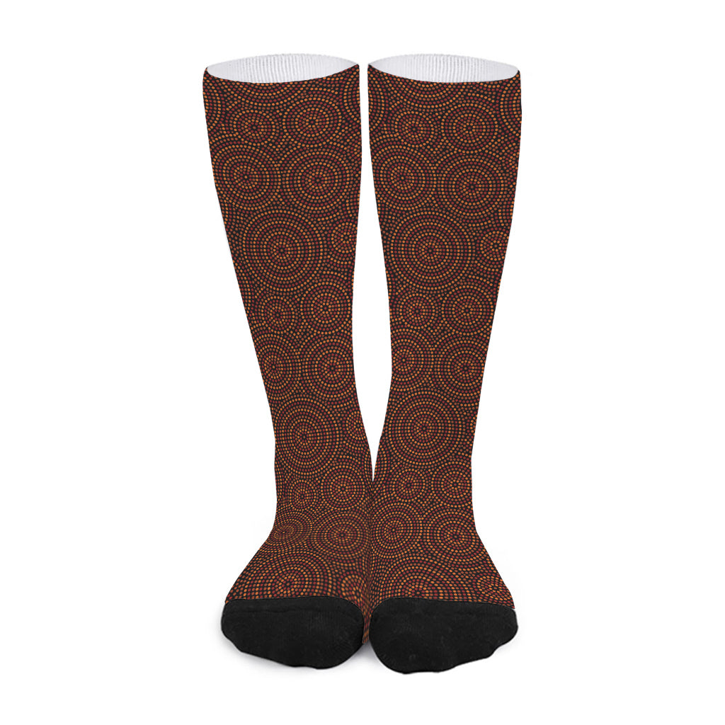 Brown Aboriginal Dot Pattern Print Long Socks