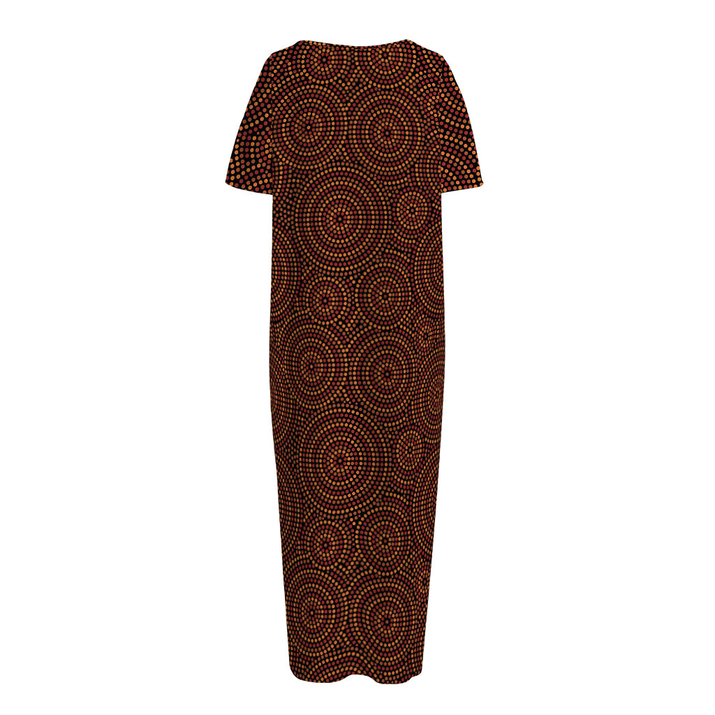 Brown Aboriginal Dot Pattern Print Short Sleeve Long Nightdress