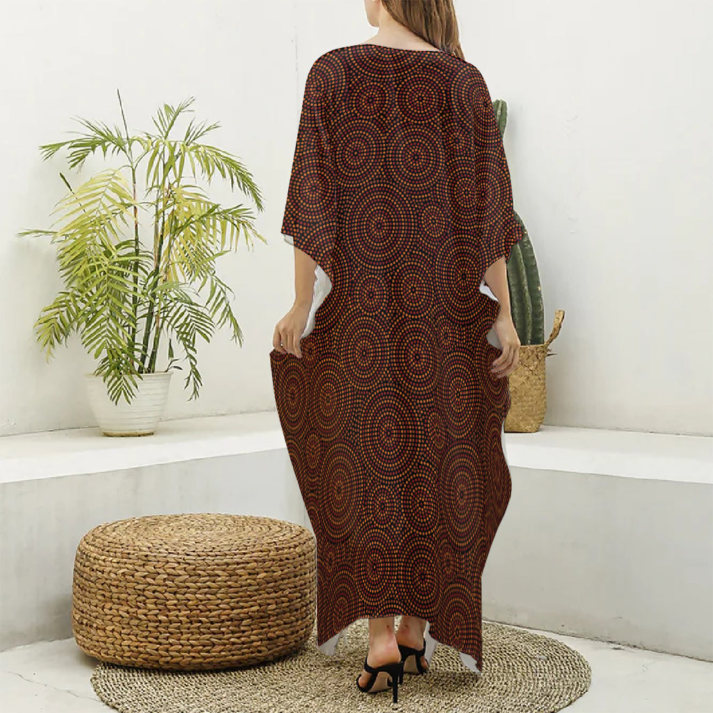 Brown Aboriginal Dot Pattern Print Silk V-Neck Kaftan Dress