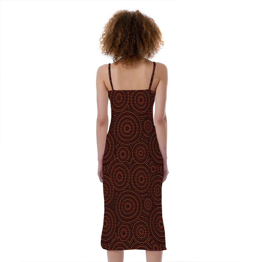 Brown Aboriginal Dot Pattern Print Slim Fit Midi Cami Dress