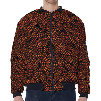 Brown Aboriginal Dot Pattern Print Zip Sleeve Bomber Jacket