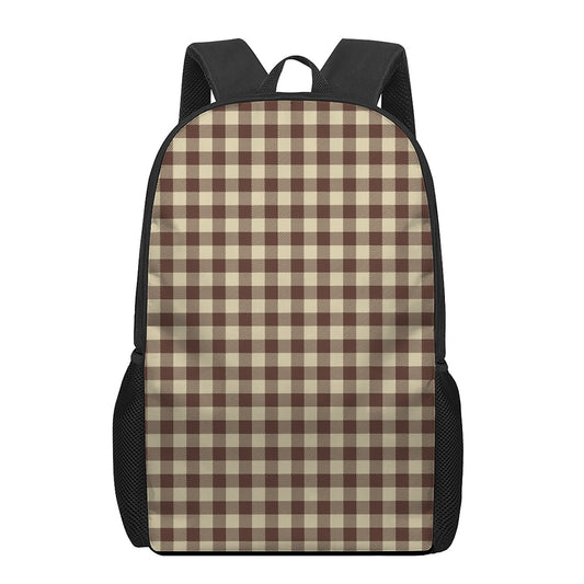 Brown And Beige Buffalo Check Print 17 Inch Backpack
