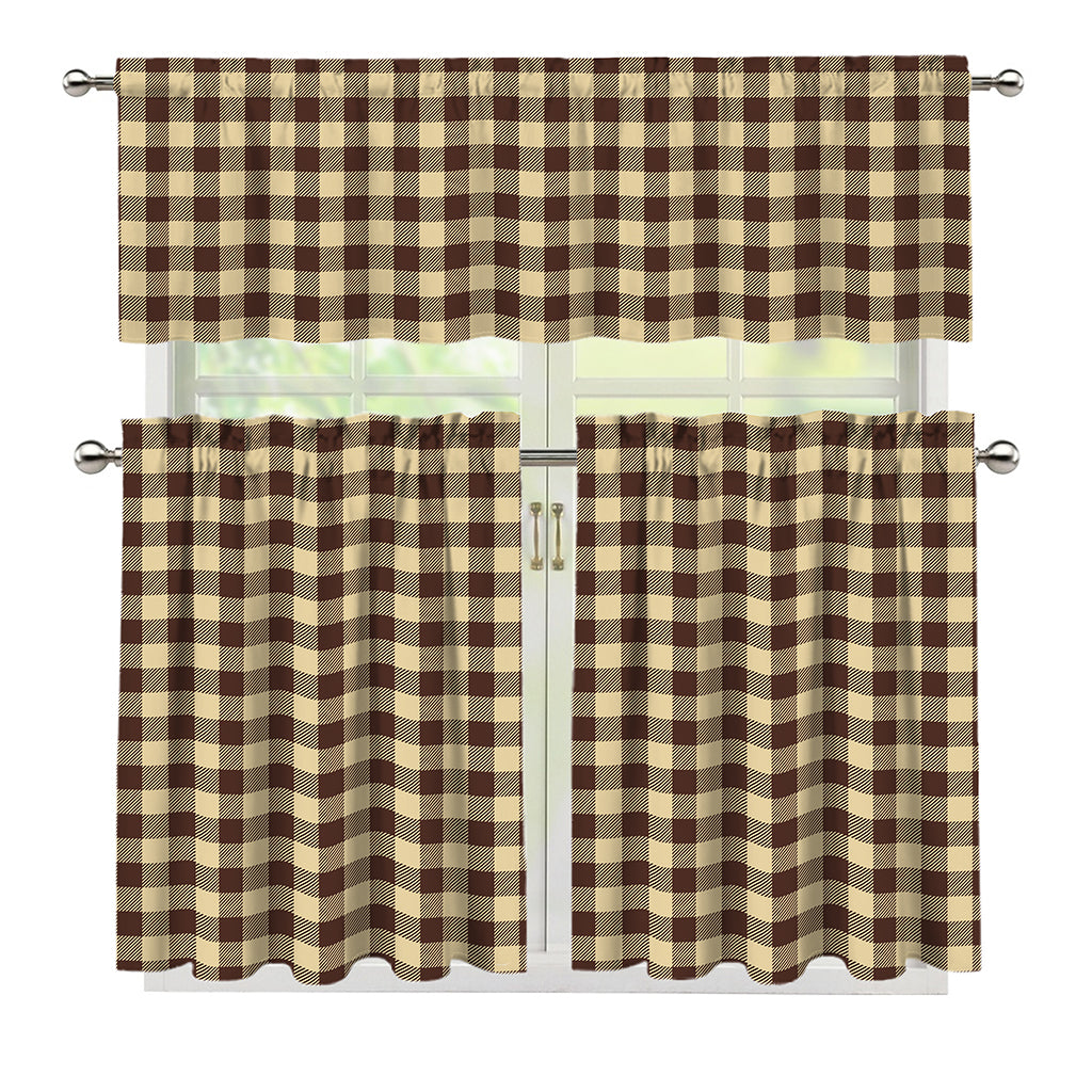 Brown And Beige Buffalo Check Print 3 Piece Kitchen Curtains