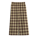 Brown And Beige Buffalo Check Print Cotton Front Slit Maxi Skirt