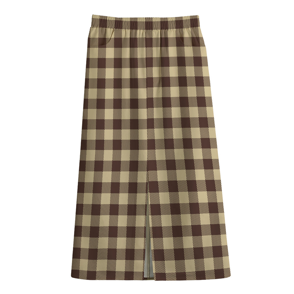 Brown And Beige Buffalo Check Print Cotton Front Slit Maxi Skirt