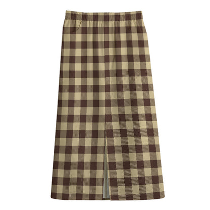 Brown And Beige Buffalo Check Print Cotton Front Slit Maxi Skirt