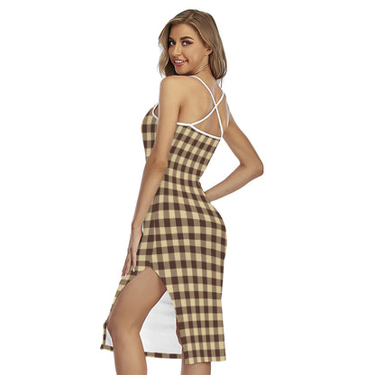 Brown And Beige Buffalo Check Print Cross Back Cami Dress