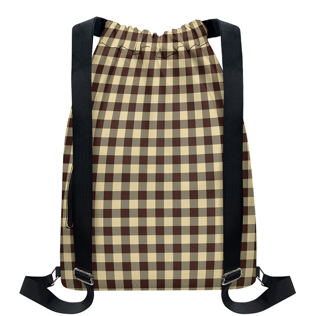 Brown And Beige Buffalo Check Print Drawstring Backpack