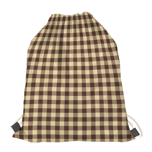Brown And Beige Buffalo Check Print Drawstring Bag