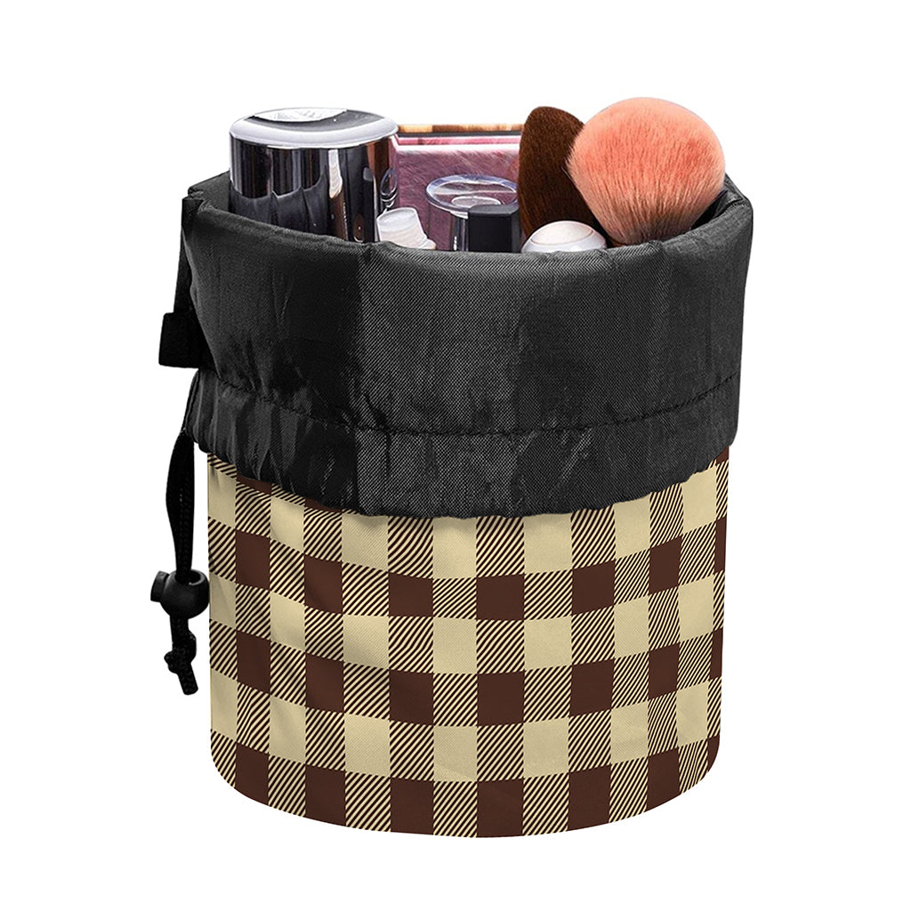 Brown And Beige Buffalo Check Print Drawstring Makeup Bag