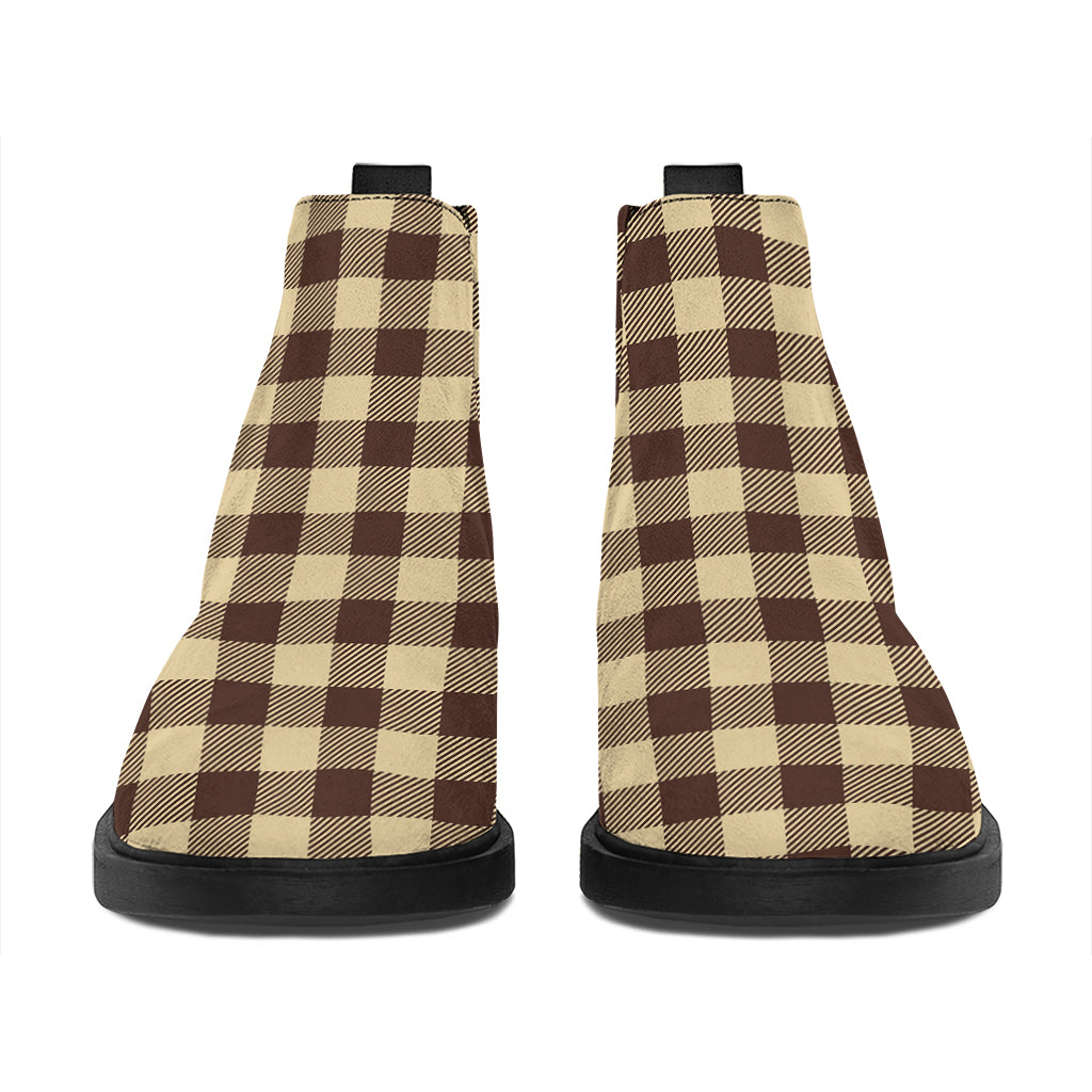Brown And Beige Buffalo Check Print Flat Ankle Boots