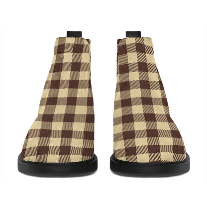 Brown And Beige Buffalo Check Print Flat Ankle Boots