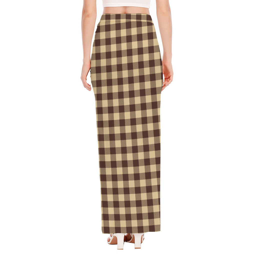 Brown And Beige Buffalo Check Print High Slit Maxi Skirt