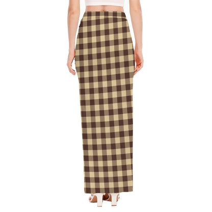 Brown And Beige Buffalo Check Print High Slit Maxi Skirt