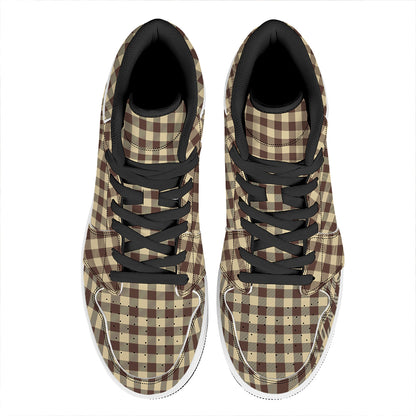 Brown And Beige Buffalo Check Print High Top Leather Sneakers