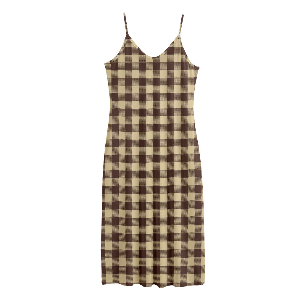 Brown And Beige Buffalo Check Print Jersey Midi Cami Dress