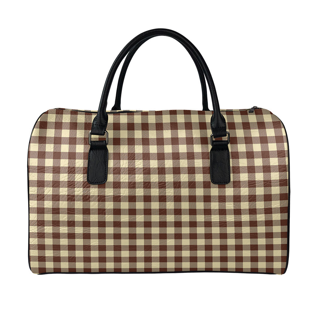 Brown And Beige Buffalo Check Print Leather Duffle Bag