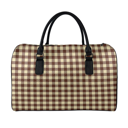 Brown And Beige Buffalo Check Print Leather Duffle Bag