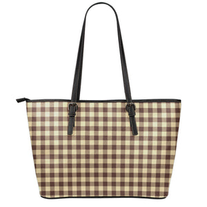 Brown And Beige Buffalo Check Print Leather Tote Bag