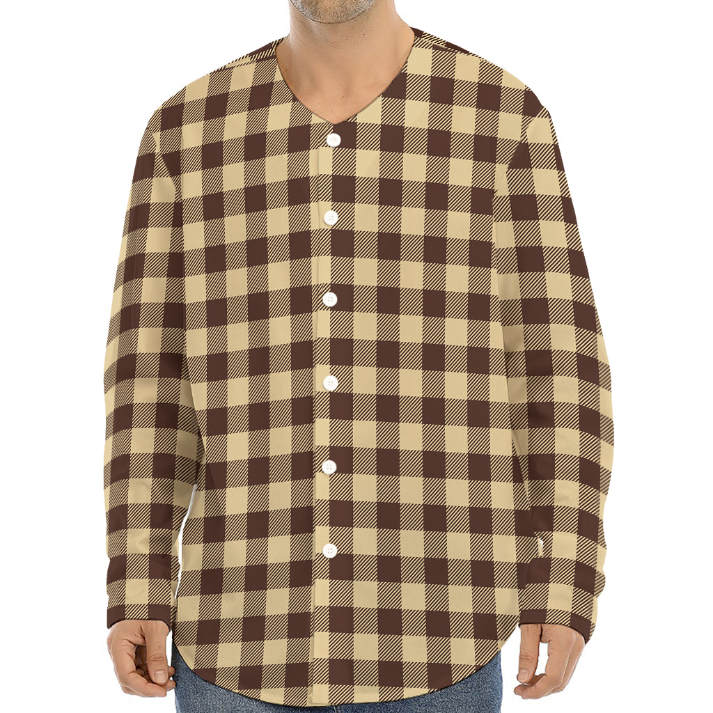 Brown And Beige Buffalo Check Print Long Sleeve Baseball Jersey