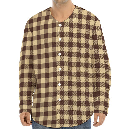 Brown And Beige Buffalo Check Print Long Sleeve Baseball Jersey
