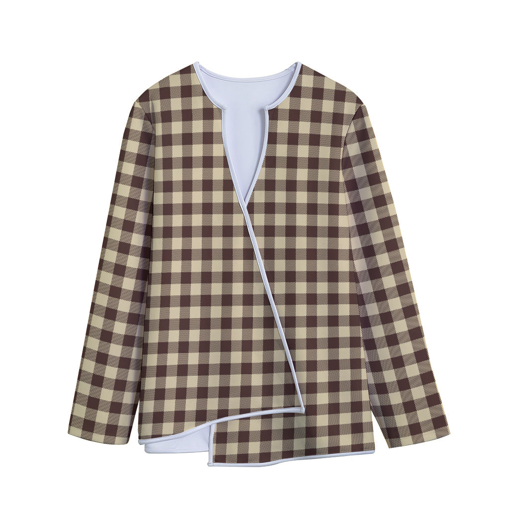 Brown And Beige Buffalo Check Print Long Sleeve Short Coat