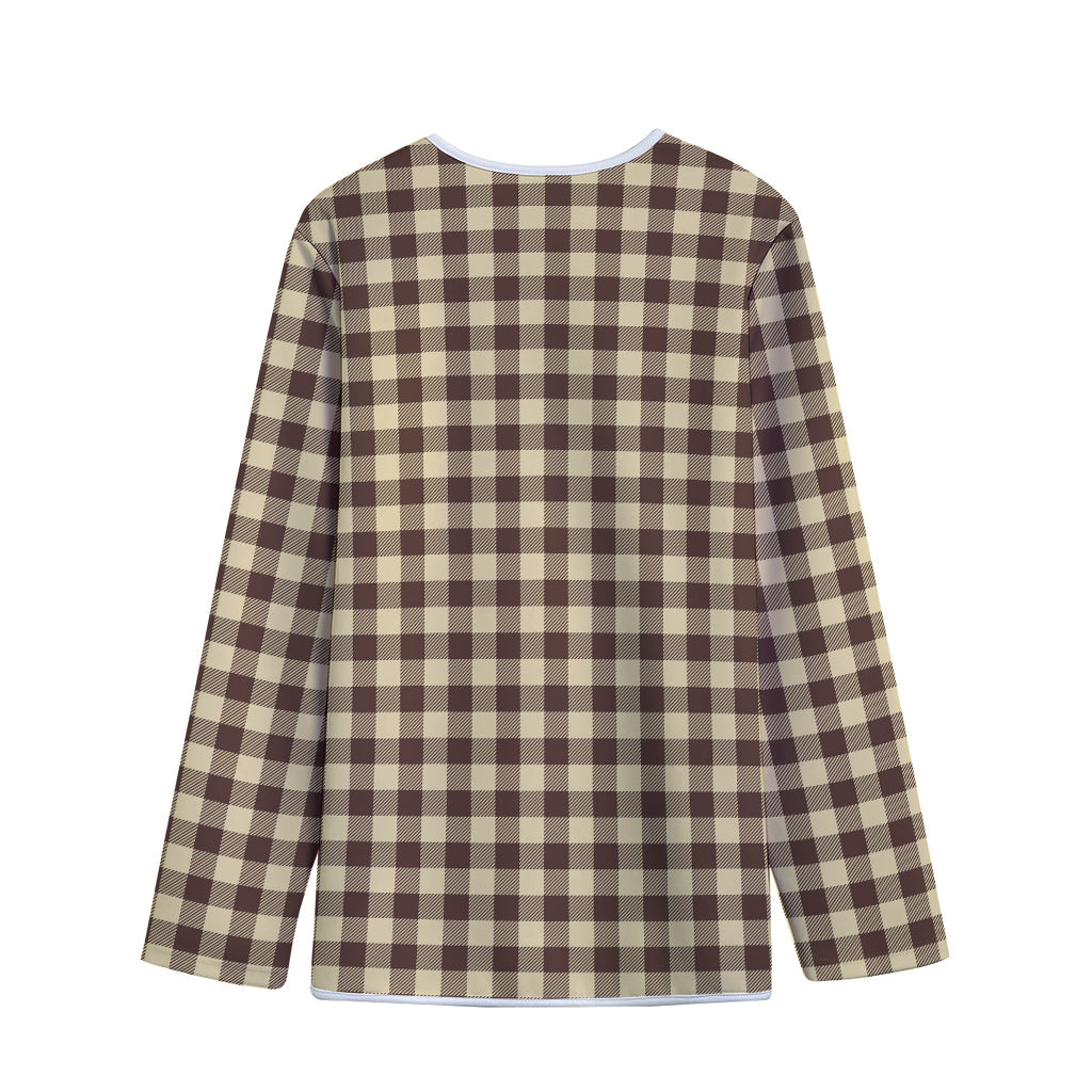 Brown And Beige Buffalo Check Print Long Sleeve Short Coat