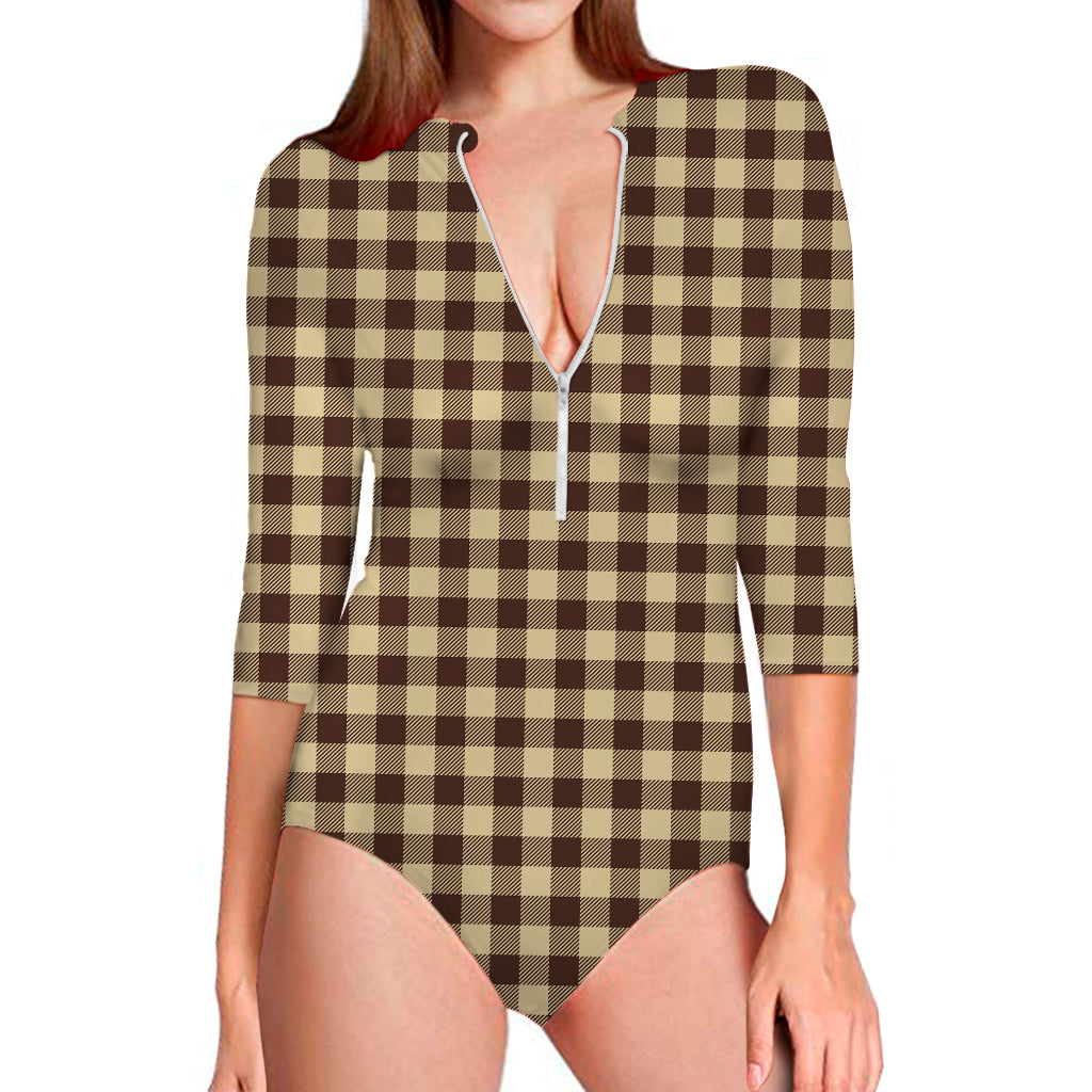 Brown And Beige Buffalo Check Print Long Sleeve Swimsuit