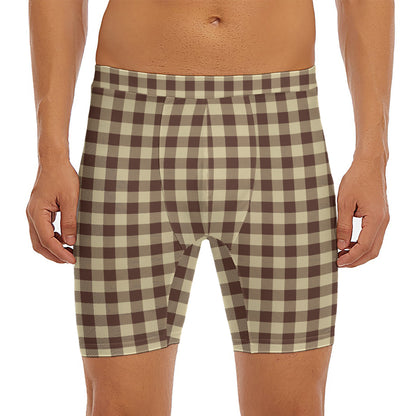 Brown And Beige Buffalo Check Print Men's Long Boxer Briefs