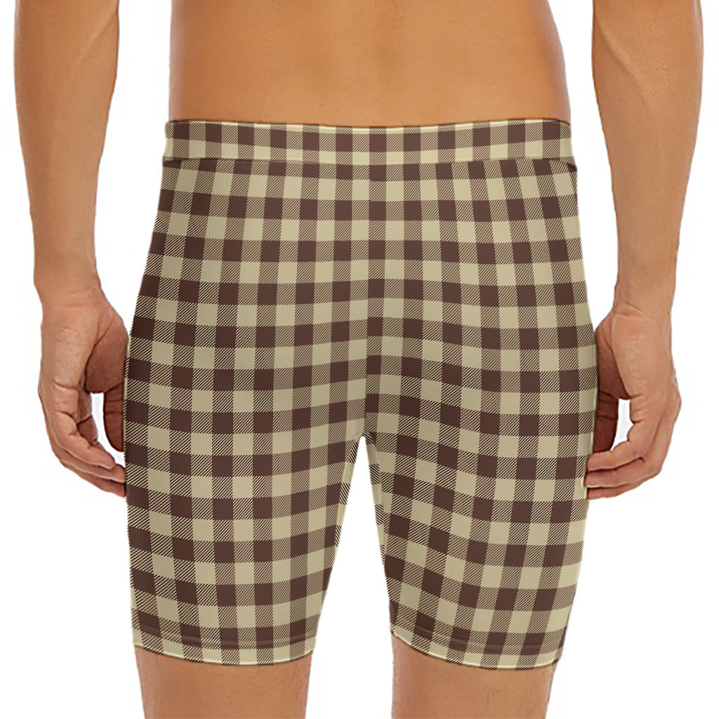 Brown And Beige Buffalo Check Print Men's Long Boxer Briefs