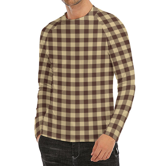 Brown And Beige Buffalo Check Print Men's Long Sleeve Rash Guard