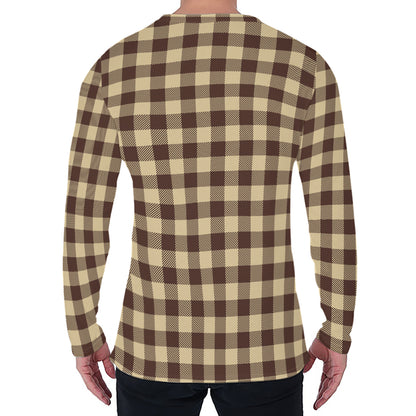Brown And Beige Buffalo Check Print Men's Long Sleeve T-Shirt