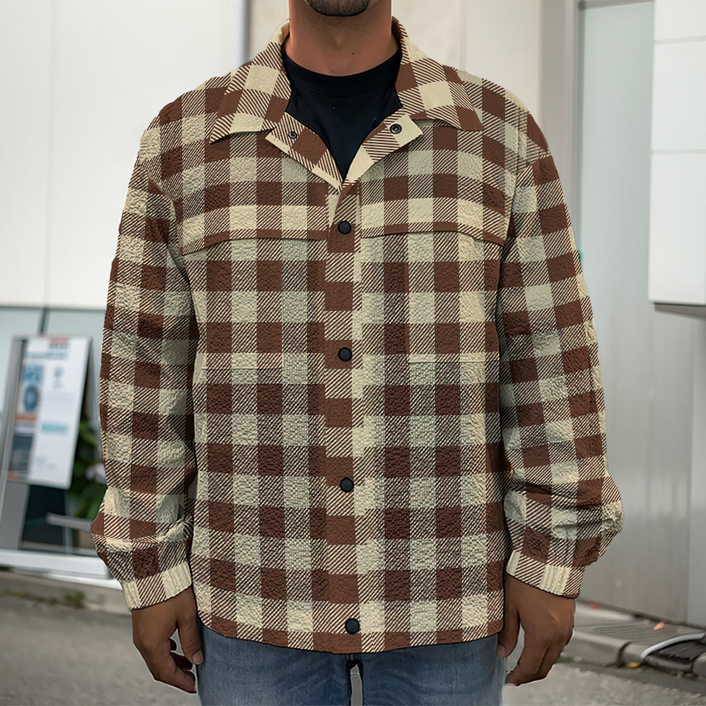Brown And Beige Buffalo Check Print Men's Shirt Jacket