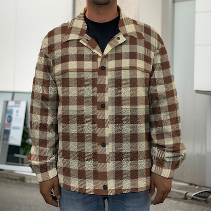 Brown And Beige Buffalo Check Print Men's Shirt Jacket
