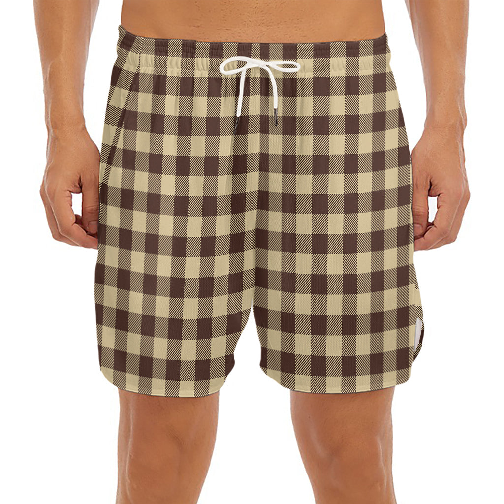 Brown And Beige Buffalo Check Print Men's Split Running Shorts