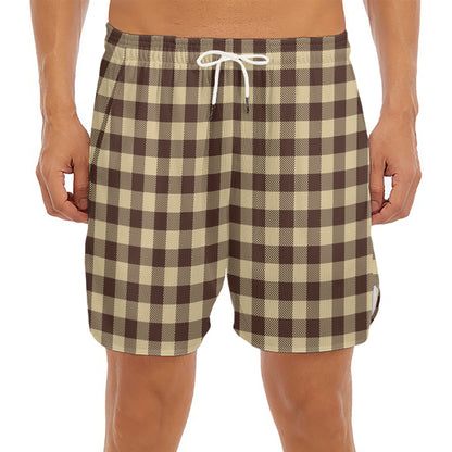Brown And Beige Buffalo Check Print Men's Split Running Shorts